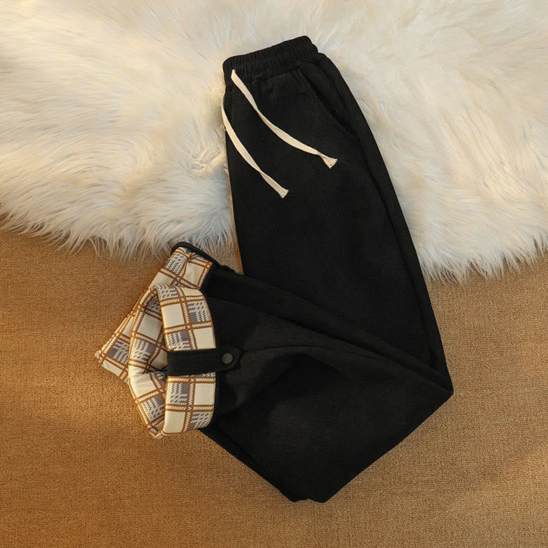 Women's Patchwork Cotton Corduroy Fleece-Lined Wide Leg Pants With Pockets