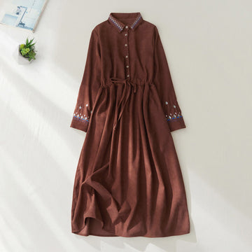 Embroidered Floral Breathable Polyester Midi Dress for Mindful Living