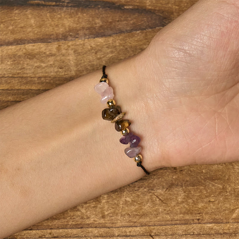 Adjustable Tiger Eye, Rose Quartz & Amethyst Beaded Rope Bracelet