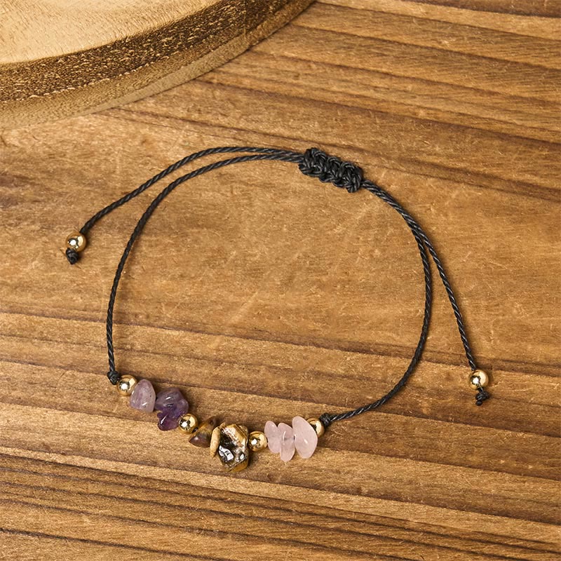Adjustable Tiger Eye, Rose Quartz & Amethyst Beaded Rope Bracelet