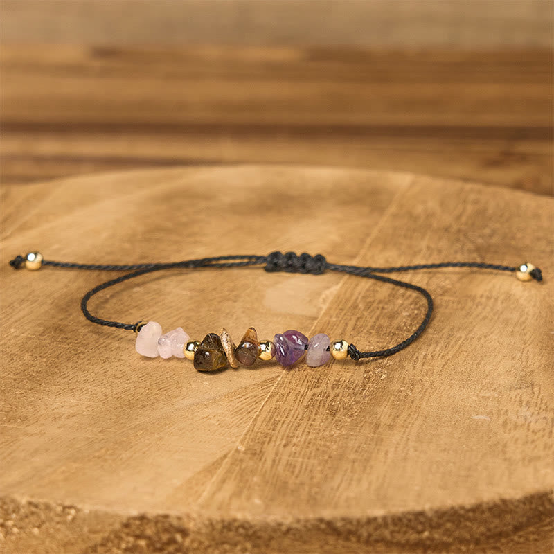 Adjustable Tiger Eye, Rose Quartz & Amethyst Beaded Rope Bracelet