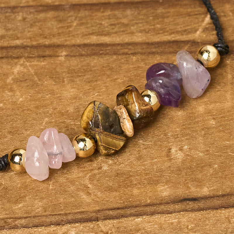 Adjustable Tiger Eye, Rose Quartz & Amethyst Beaded Rope Bracelet