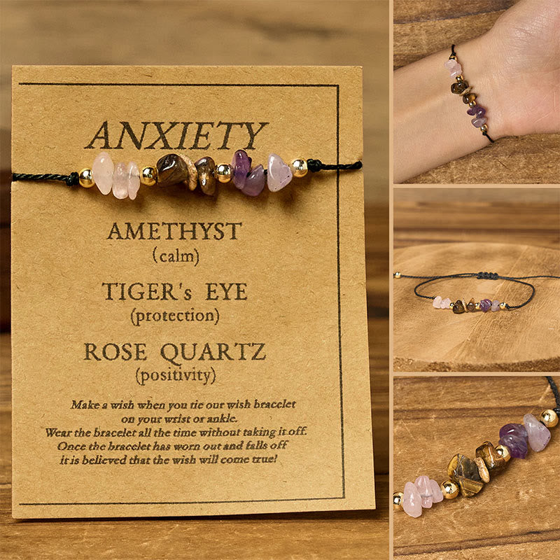 Adjustable Tiger Eye, Rose Quartz & Amethyst Beaded Rope Bracelet