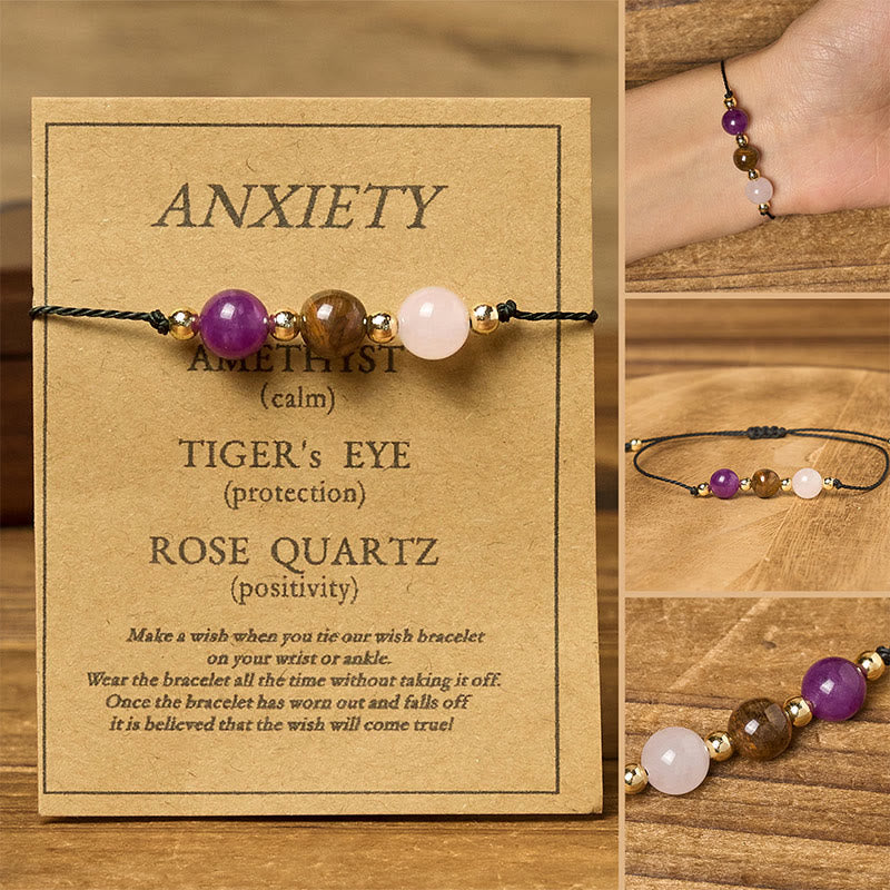Adjustable Tiger Eye, Rose Quartz & Amethyst Beaded Rope Bracelet