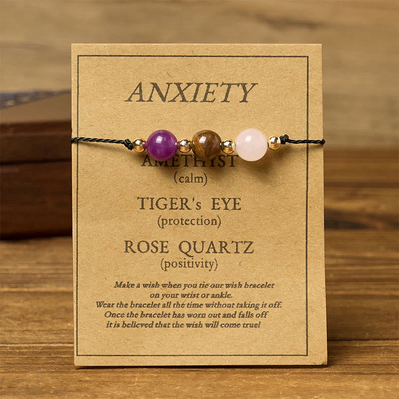 Adjustable Tiger Eye, Rose Quartz & Amethyst Beaded Rope Bracelet