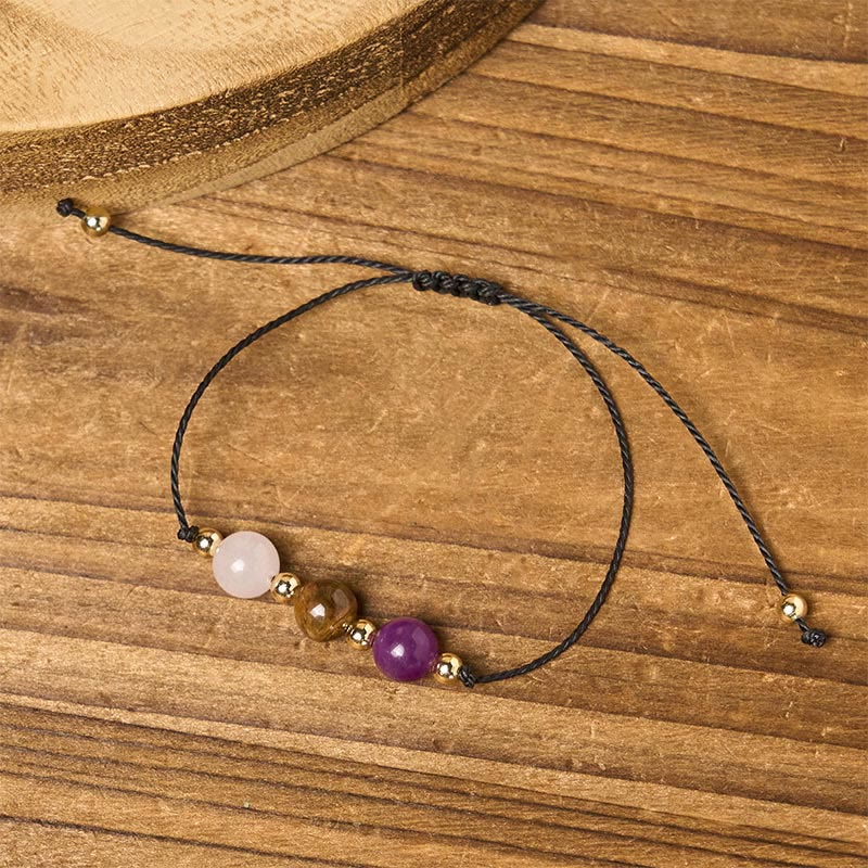 Adjustable Tiger Eye, Rose Quartz & Amethyst Beaded Rope Bracelet