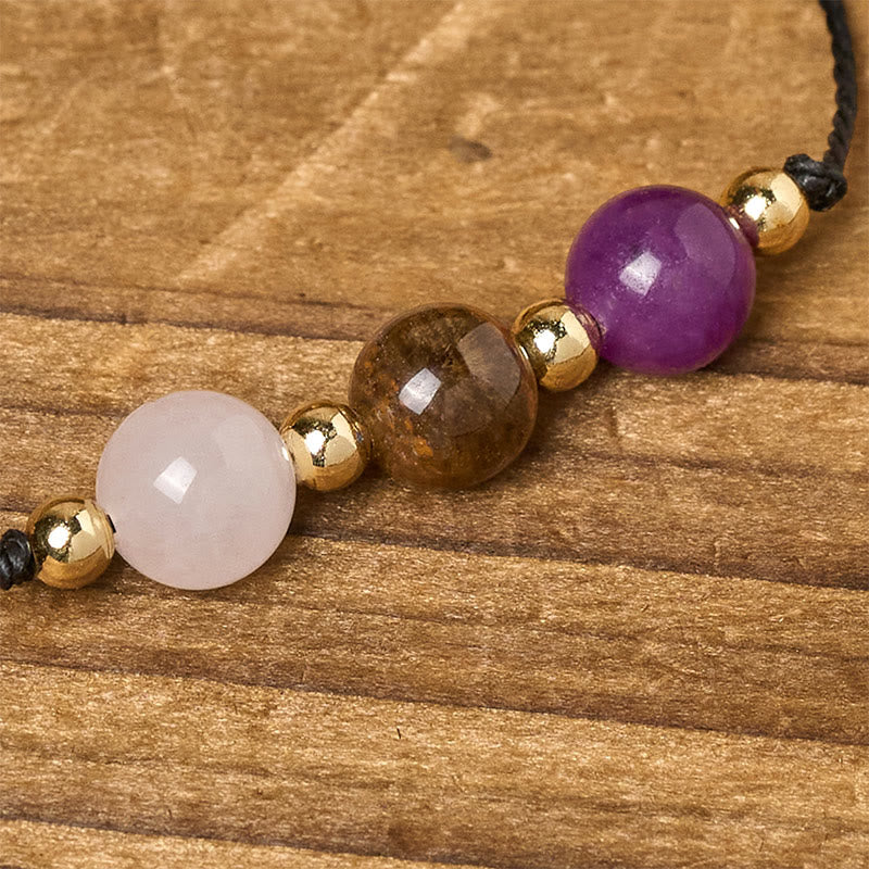 Adjustable Tiger Eye, Rose Quartz & Amethyst Beaded Rope Bracelet