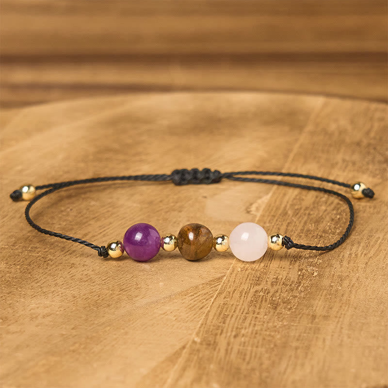 Adjustable Tiger Eye, Rose Quartz & Amethyst Beaded Rope Bracelet