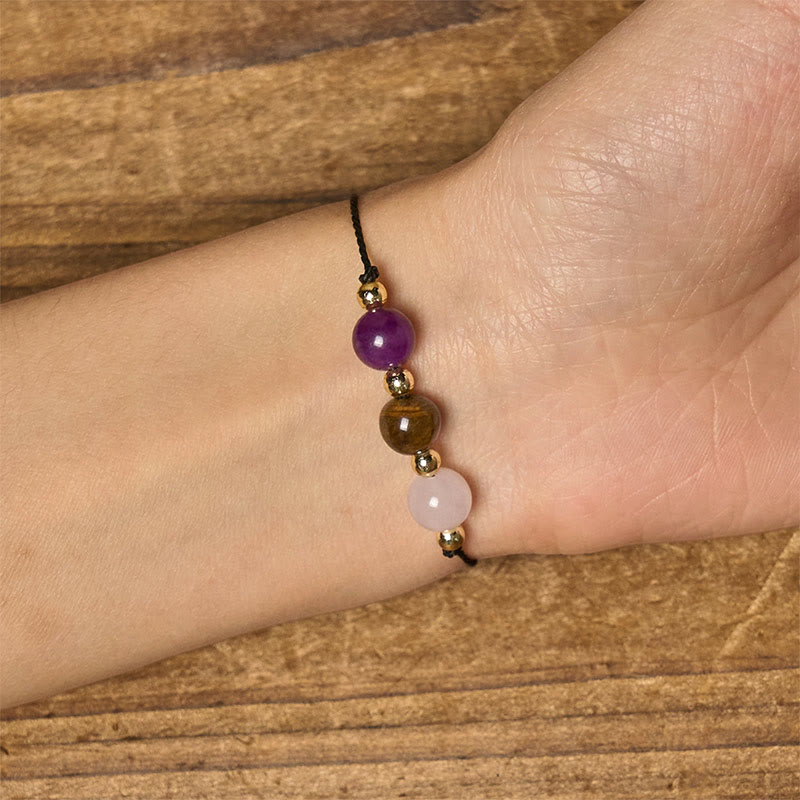 Adjustable Tiger Eye, Rose Quartz & Amethyst Beaded Rope Bracelet