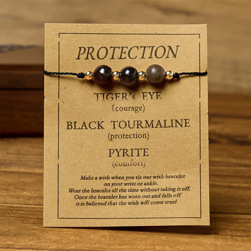Tiger Eye Black Tourmaline Pyrite Protection Card Rope Bracelet