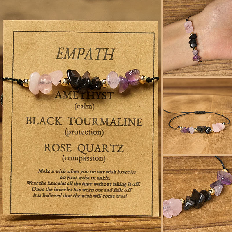 Amethyst Black Tourmaline Rose Quartz Empath Card Rope Bracelet