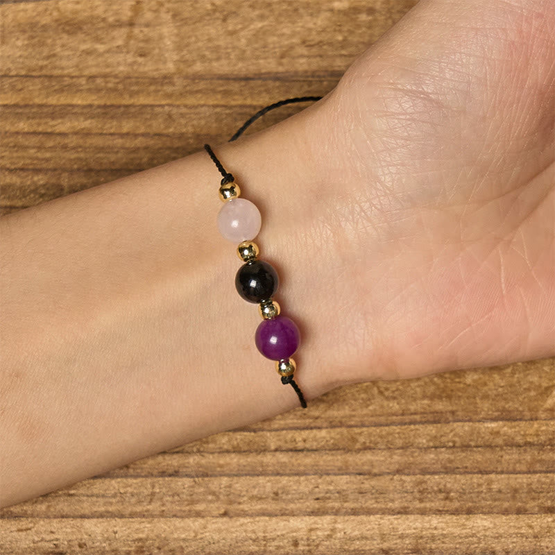 Amethyst Black Tourmaline Rose Quartz Empath Card Rope Bracelet