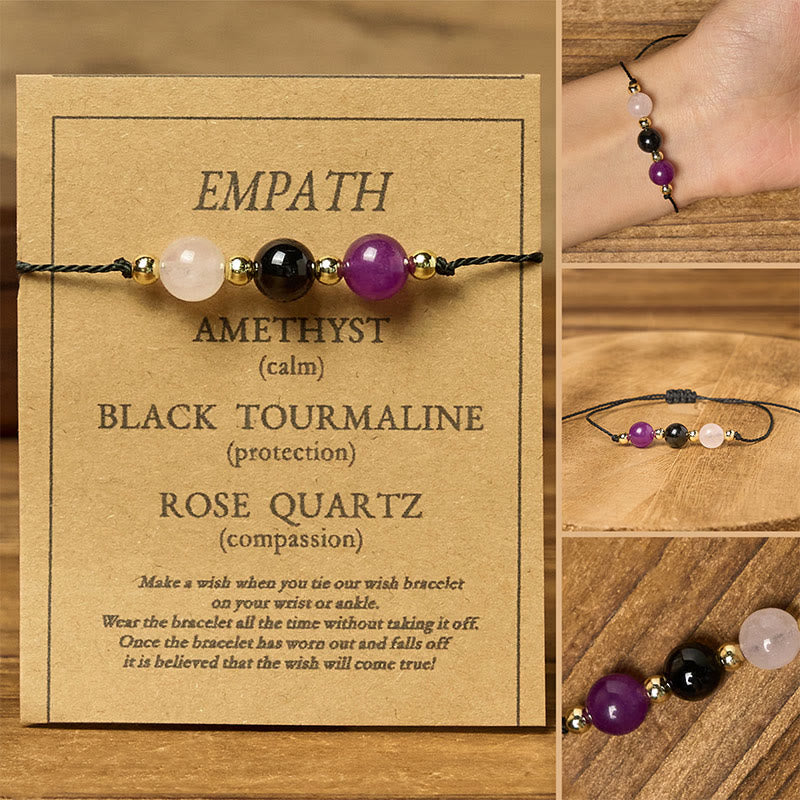 Amethyst Black Tourmaline Rose Quartz Empath Card Rope Bracelet