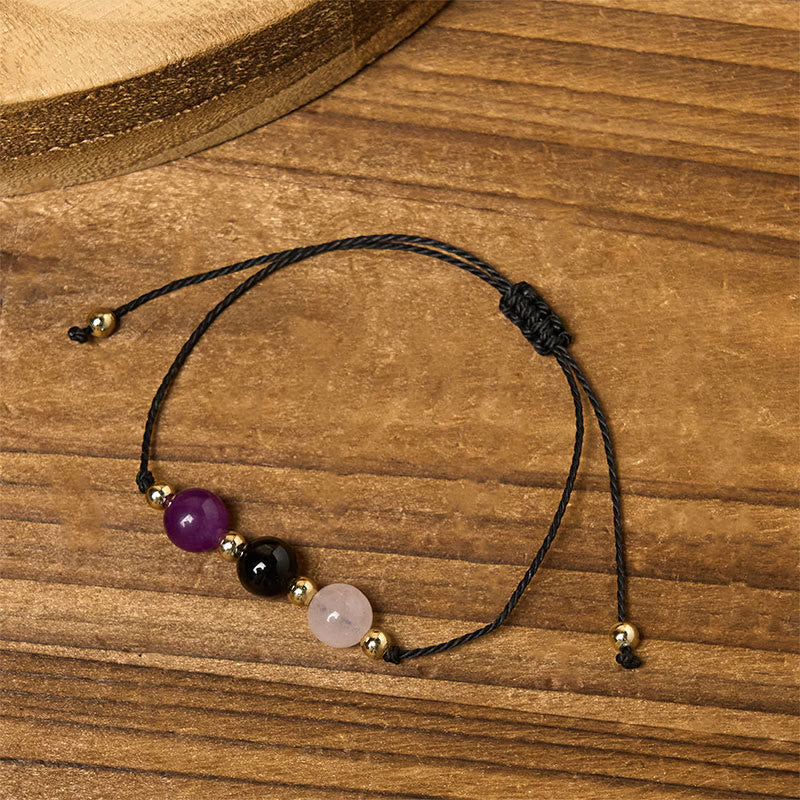 Amethyst Black Tourmaline Rose Quartz Empath Card Rope Bracelet
