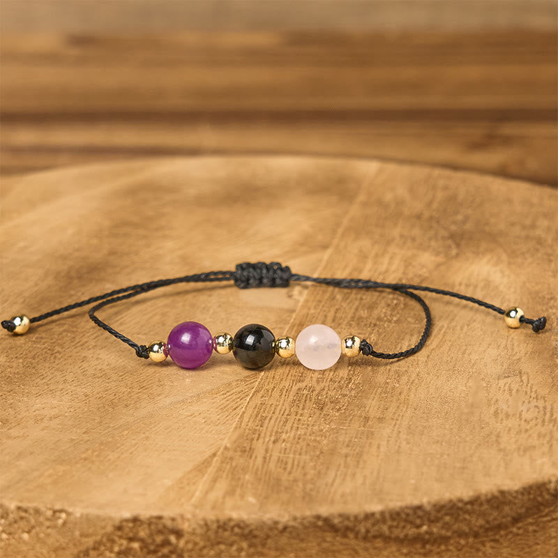 Amethyst Black Tourmaline Rose Quartz Empath Card Rope Bracelet
