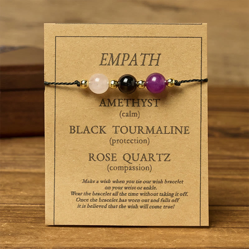 Amethyst Black Tourmaline Rose Quartz Empath Card Rope Bracelet