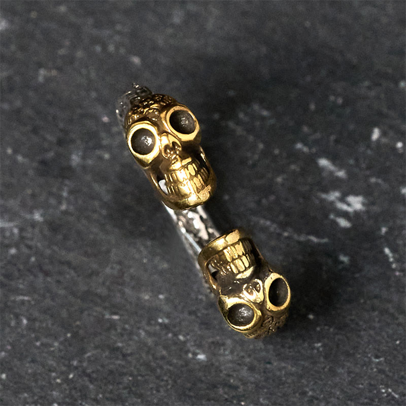 Artisan Citipati Kapala Double Skull Sterling Silver and Copper Ring