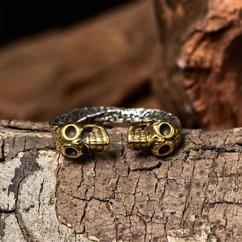 Artisan Citipati Kapala Double Skull Sterling Silver and Copper Ring