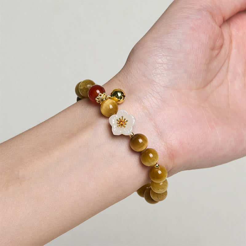 Natural Tiger Eye Beaded Bell Flower Charm Bracelet for Inner Strength