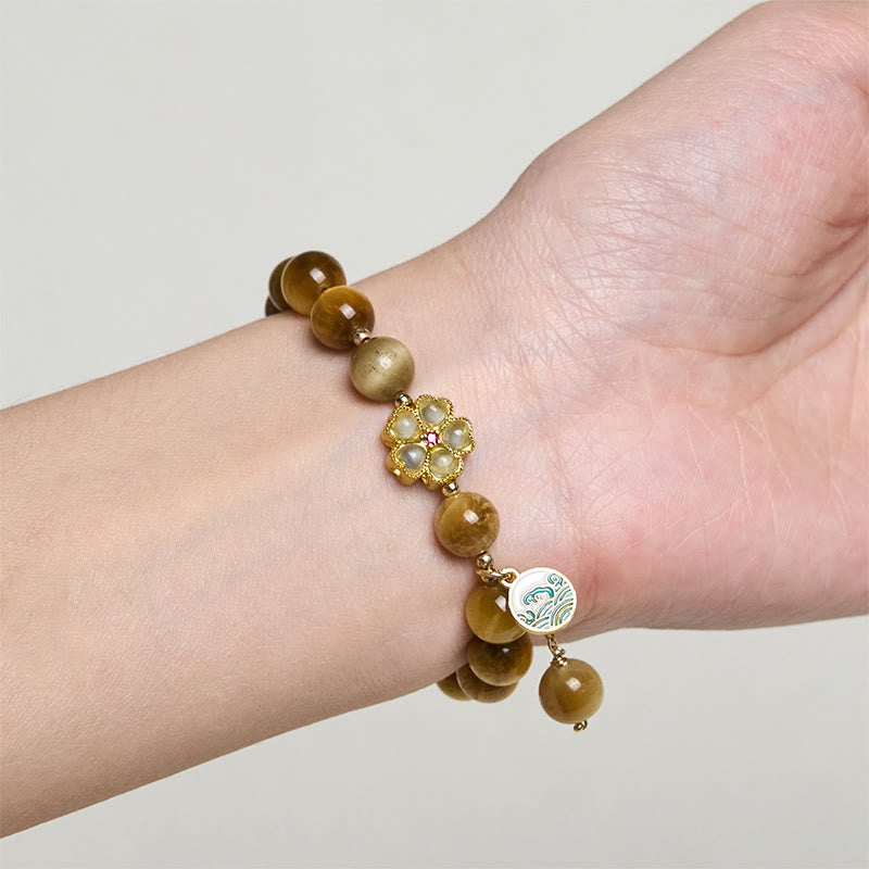 Natural Tiger Eye Beaded Bell Flower Charm Bracelet for Inner Strength