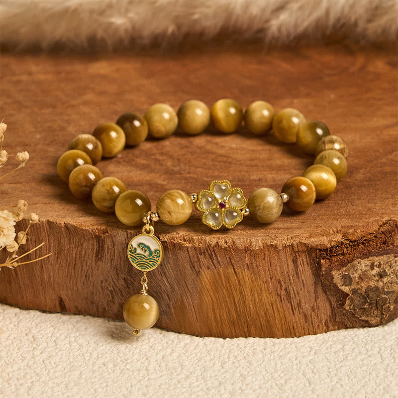 Natural Tiger Eye Beaded Bell Flower Charm Bracelet for Inner Strength