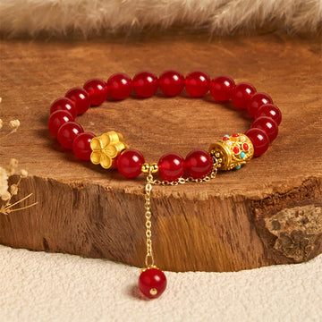 Red Agate Tibetan Hand-Carved Stone Flower Bracelet