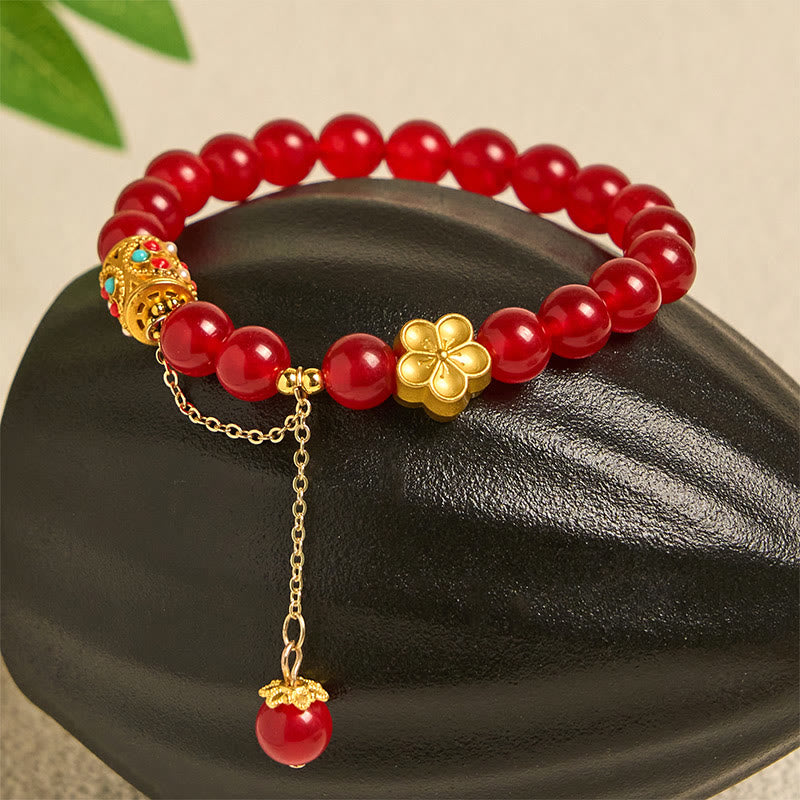 Red Agate Tibetan Hand-Carved Stone Flower Bracelet