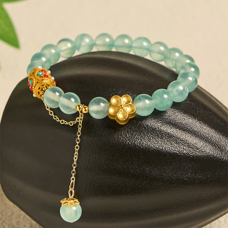 Blue Crystal Tibetan Hand-Carved Stone Flower Bracelet