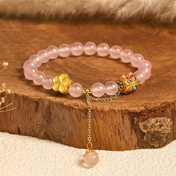 Pink Crystal Tibetan Hand-Carved Stone Flower Bracelet