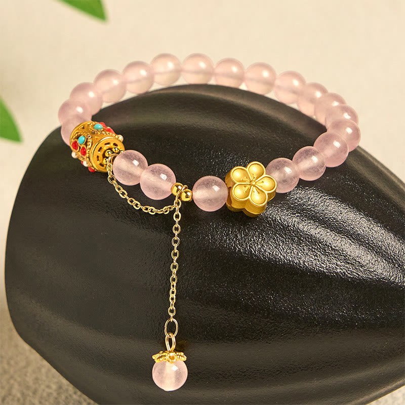 Pink Crystal Tibetan Hand-Carved Stone Flower Bracelet