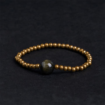 Gold Sheen Obsidian & Copper Brass Pixiu Om Mani Padme Hum Bracelet