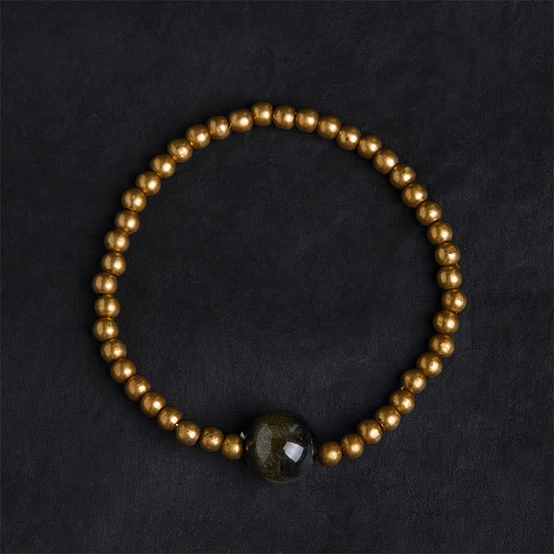 Gold Sheen Obsidian & Copper Brass Pixiu Om Mani Padme Hum Bracelet