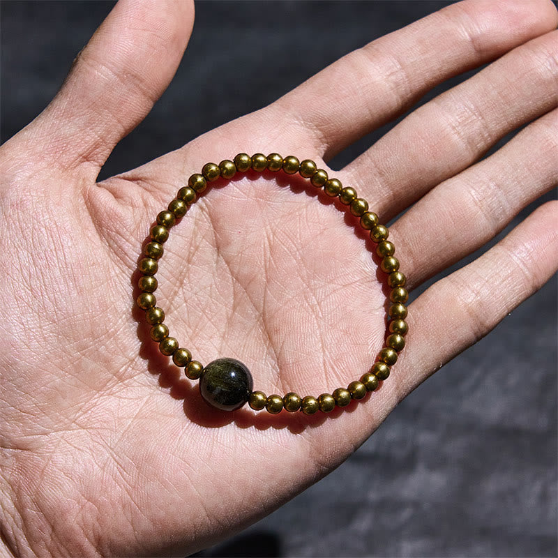 Gold Sheen Obsidian & Copper Brass Pixiu Om Mani Padme Hum Bracelet