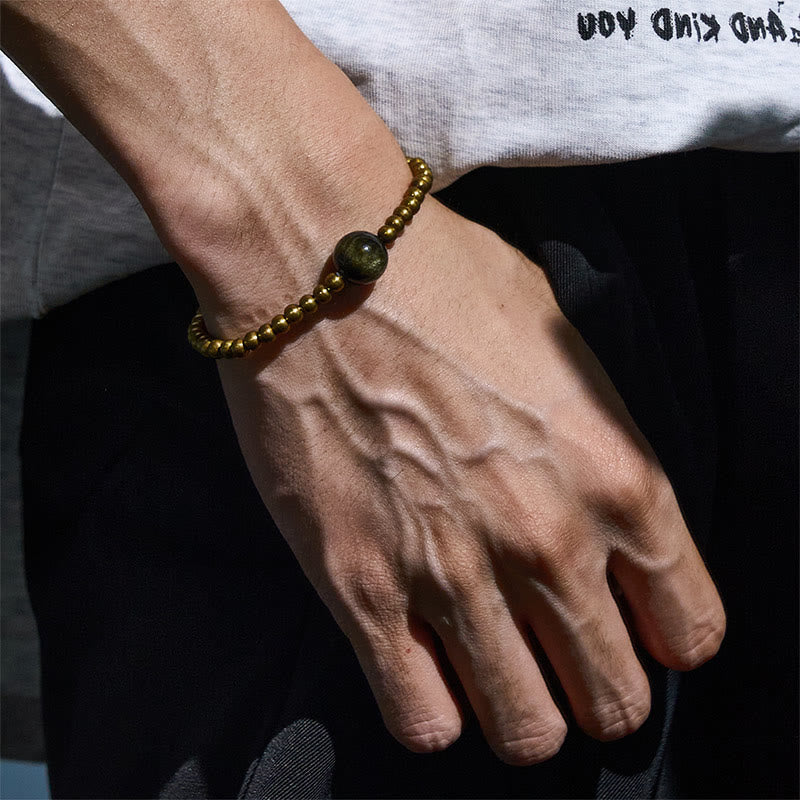 Gold Sheen Obsidian & Copper Brass Pixiu Om Mani Padme Hum Bracelet