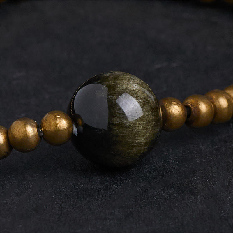 Gold Sheen Obsidian & Copper Brass Pixiu Om Mani Padme Hum Bracelet