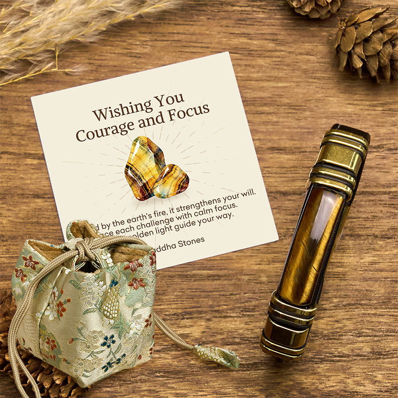 "Wishing You Courage and Focus" Tiger Eye Leather Bracelet Includes Gift Message Card