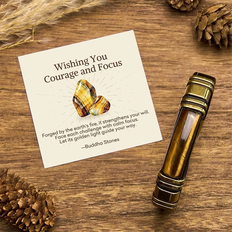"Wishing You Courage and Focus" Tiger Eye Leather Bracelet Includes Gift Message Card