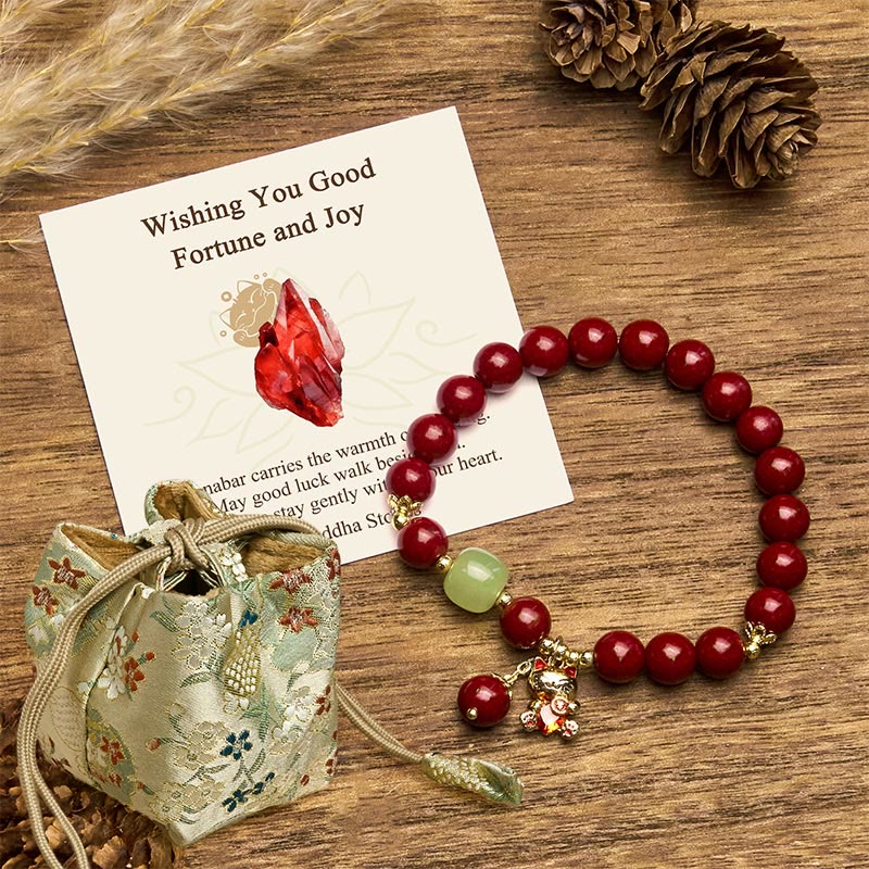 "Wishing You Good Fortune and Joy" Cat Cinnabar Bracelet Includes Gift Message Card