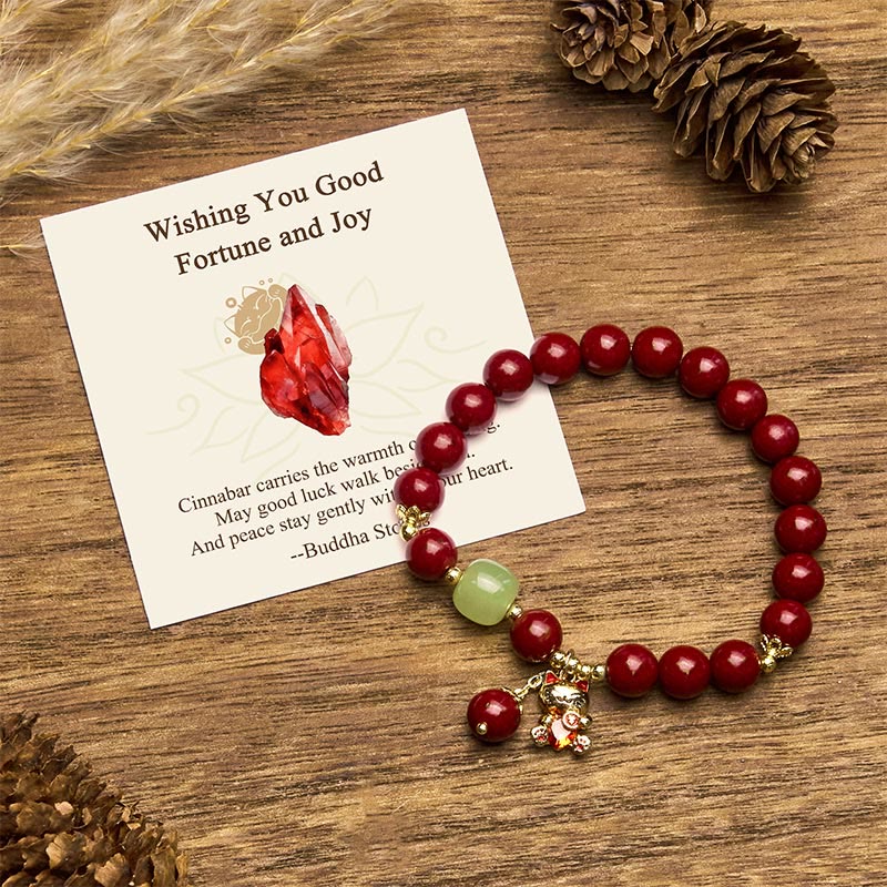 "Wishing You Good Fortune and Joy" Cat Cinnabar Bracelet Includes Gift Message Card