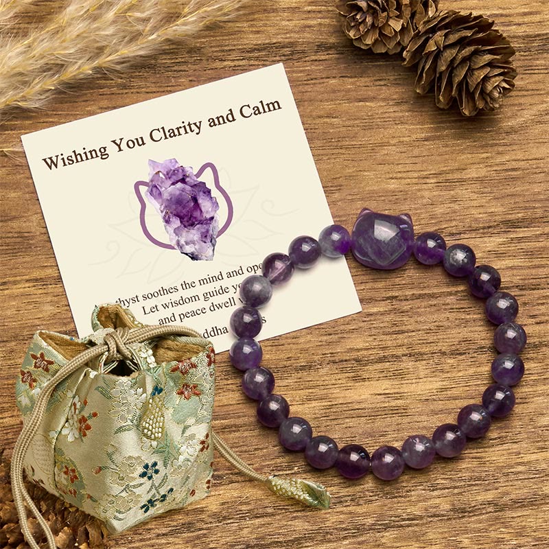 "Wishing You Clarity and Calm" Cute Cat Amethyst Bracelet Includes Gift Message Card