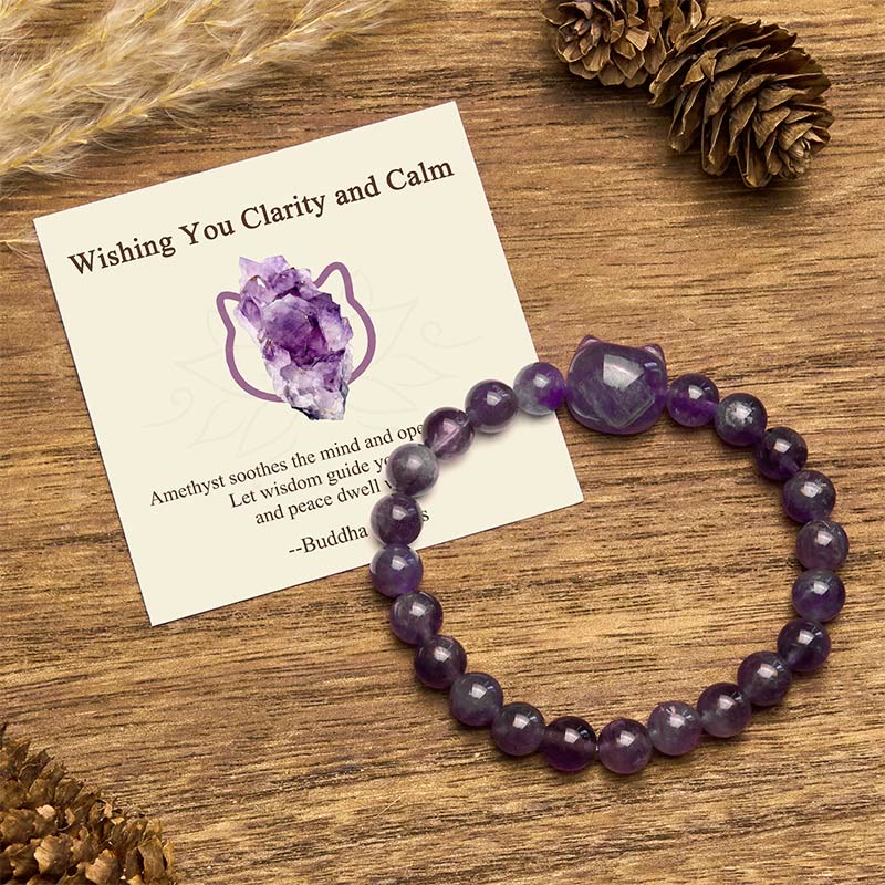 "Wishing You Clarity and Calm" Cute Cat Amethyst Bracelet Includes Gift Message Card