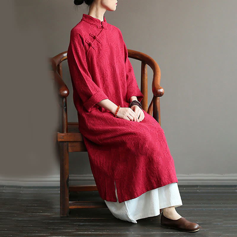 Flower Jacquard Midi Dress Long Sleeve Cotton Linen Dress Wide Leg Pants With Pockets