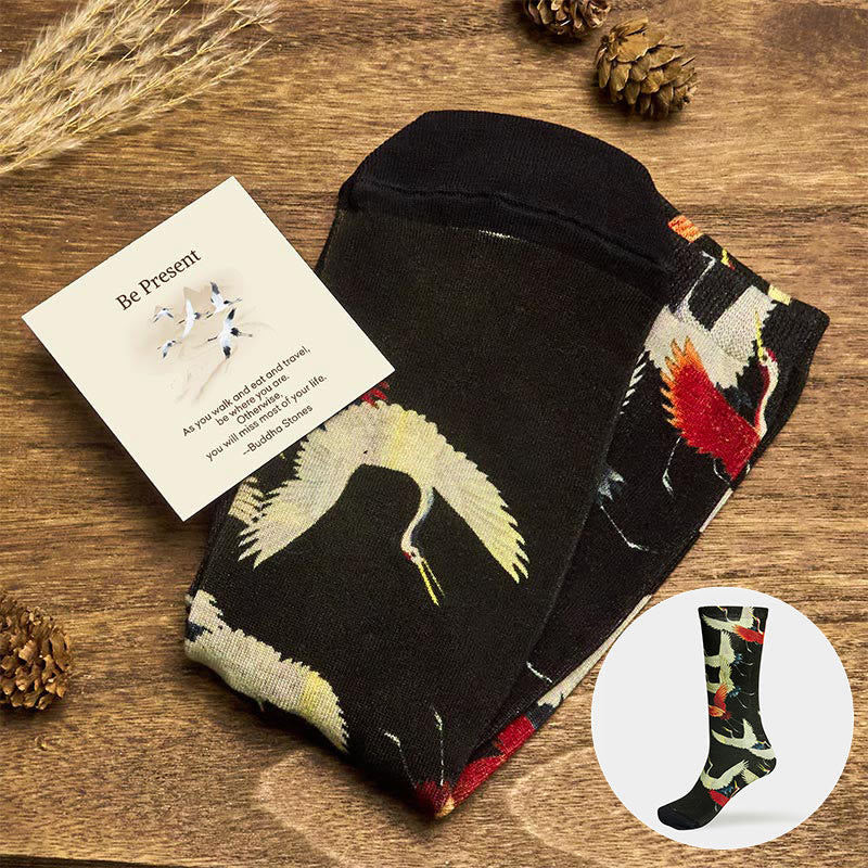 "Be Present" Casual White Red Cranes Men Women Unisex Socks Includes Gift Message Card