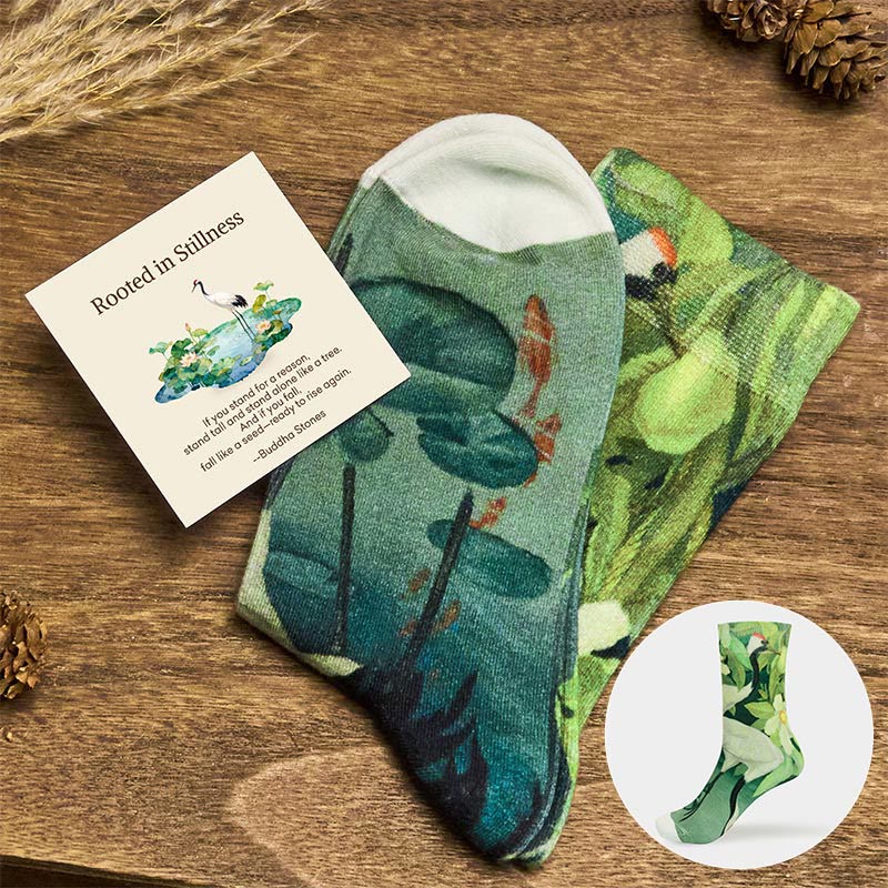 "Rooted in Stillness" Crane Lotus Koi Fish Women's Socks Includes Gift Message Card