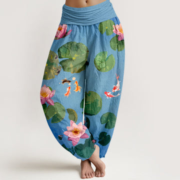 Breathable Cotton Koi Lotus Print Harem Meditation Pants