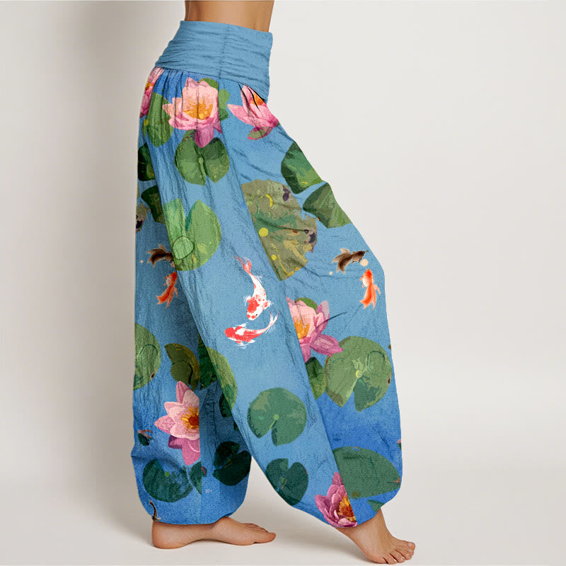Breathable Cotton Koi Lotus Print Harem Meditation Pants