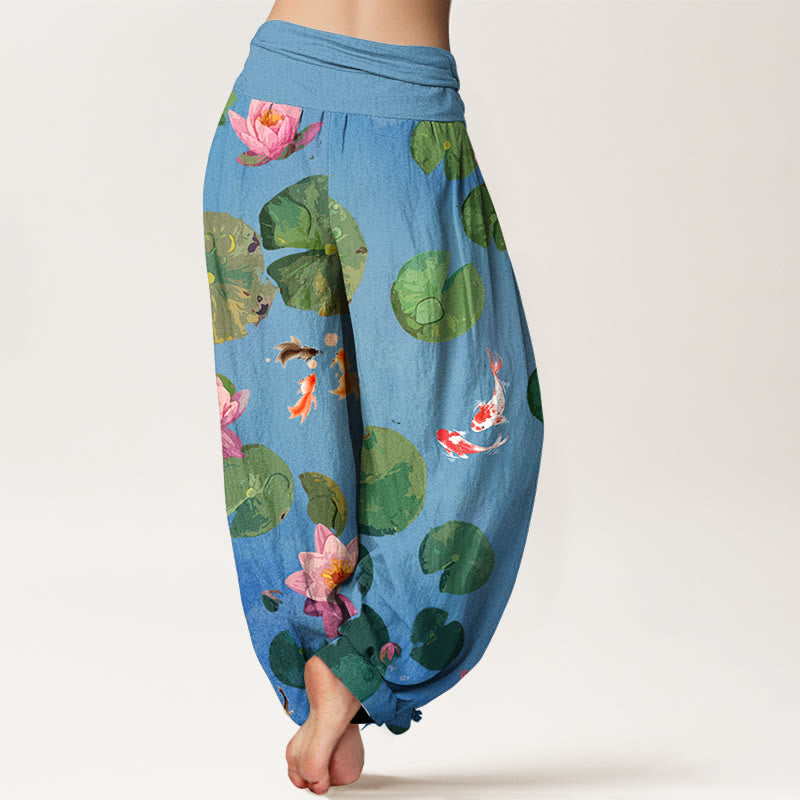 Breathable Cotton Koi Lotus Print Harem Meditation Pants