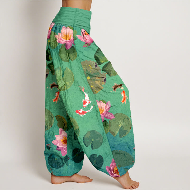 Breathable Cotton Koi Lotus Print Harem Meditation Pants