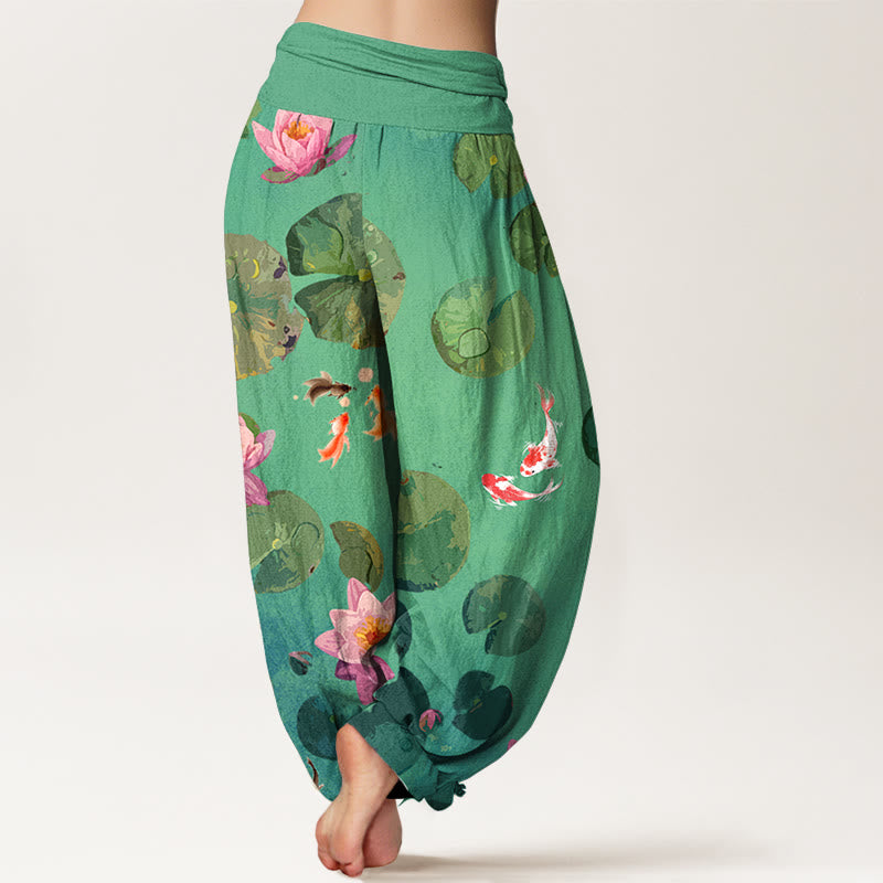 Breathable Cotton Koi Lotus Print Harem Meditation Pants
