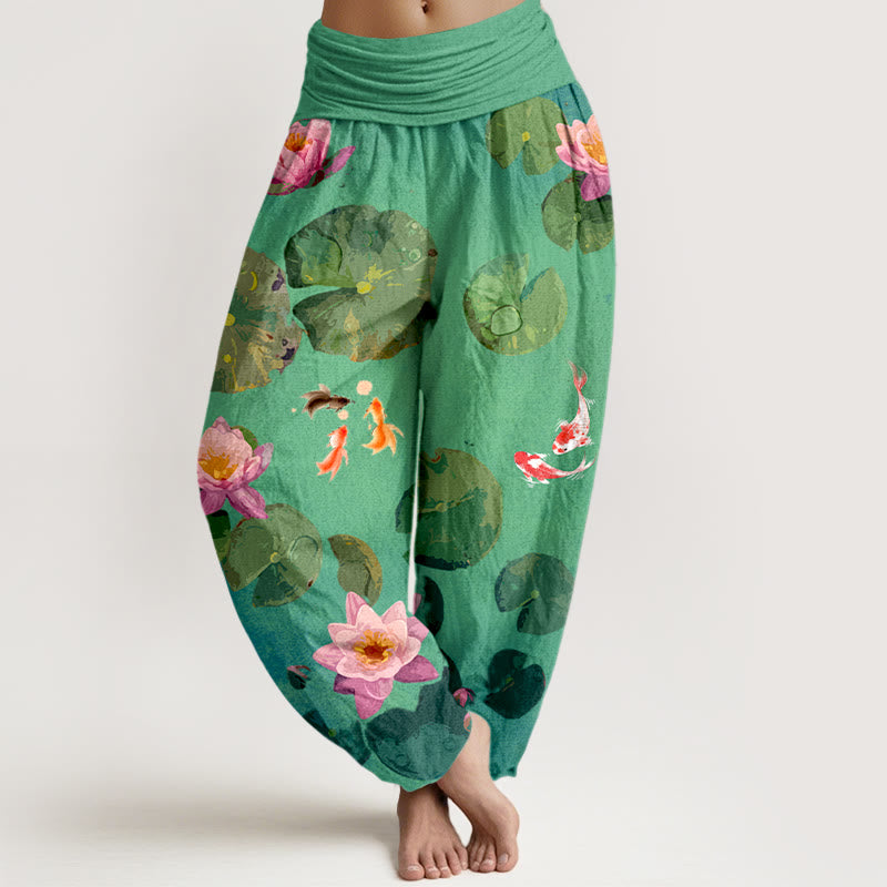 Breathable Cotton Koi Lotus Print Harem Meditation Pants